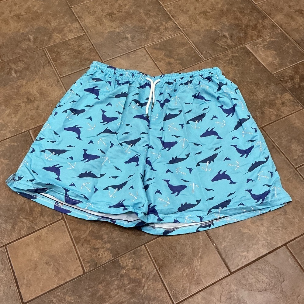 🥵 Blue Shark Whale Fish Print Swim Shorts